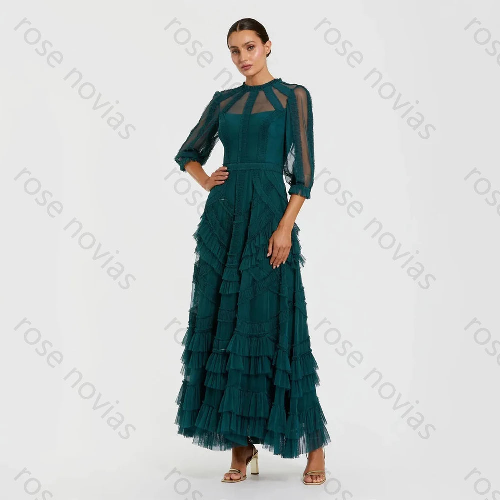Customized Green Tulle High Quality Evening Dresses O-neck for Floor-Length Tiered A-line for Formal Evening Vestidos De Fiesta