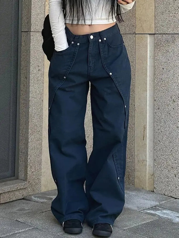 Vintage Rivet Patchwork Wide-Leg Jeans