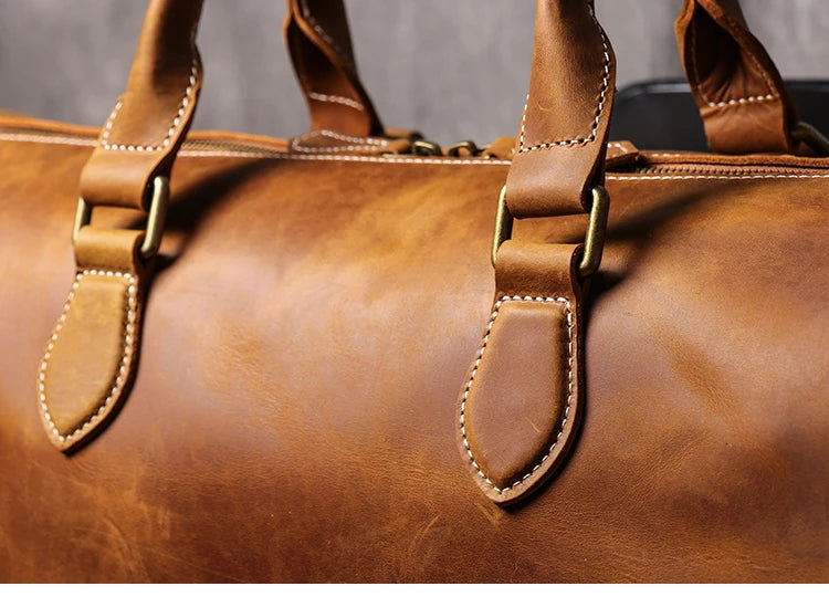 Leathfocus Men's Cowhide Travel Bag Women's Weekend Handbag Large Capacity Vintage Duffle Bag Crazy Horse Leather Laptop Bag