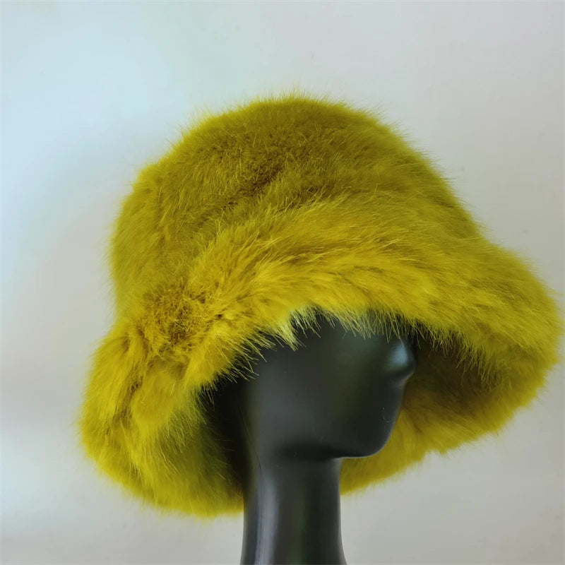 1pcs Winter Faux Fur Bucket Hat Warm Fluffy Plush colorful soft Winter hat Personality fur Fisherman Hats for women Plush hat겨