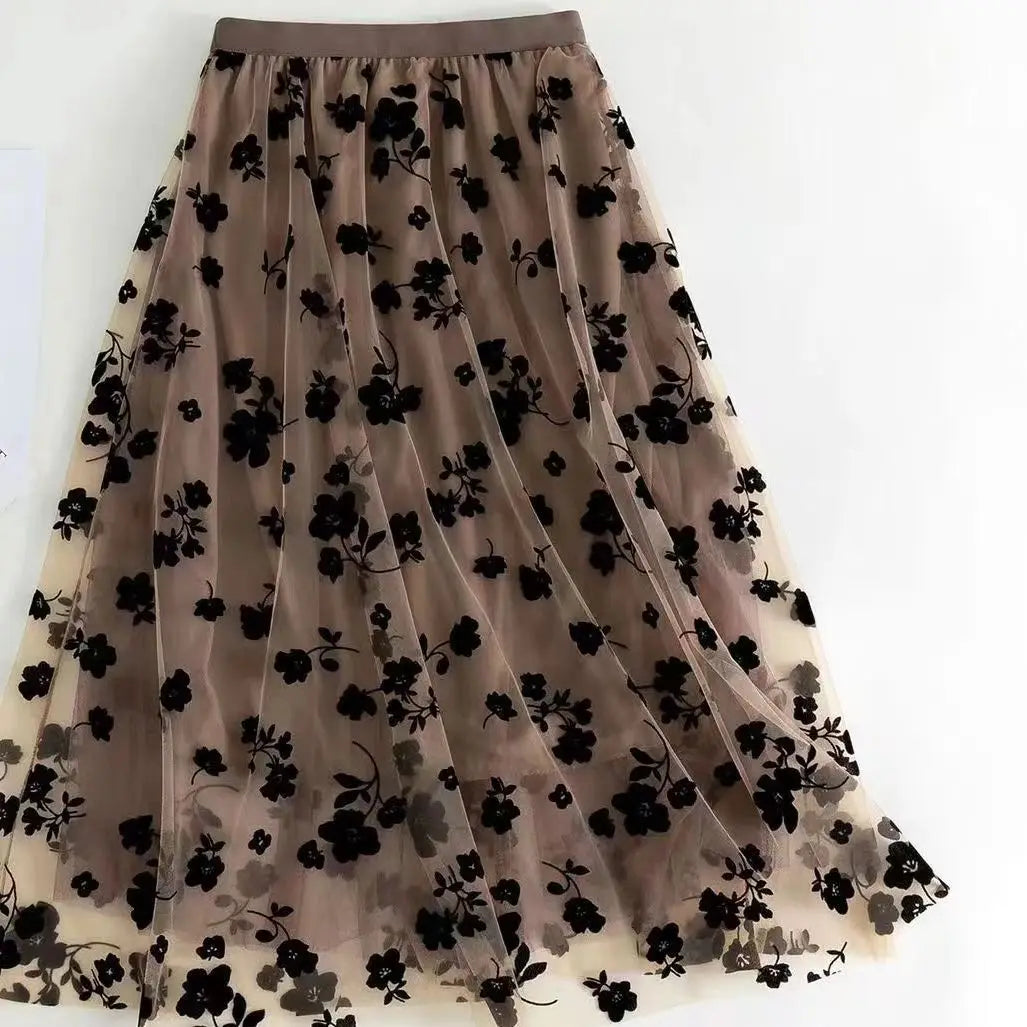 Romantic Floral Tulle A-Line Midi Skirt