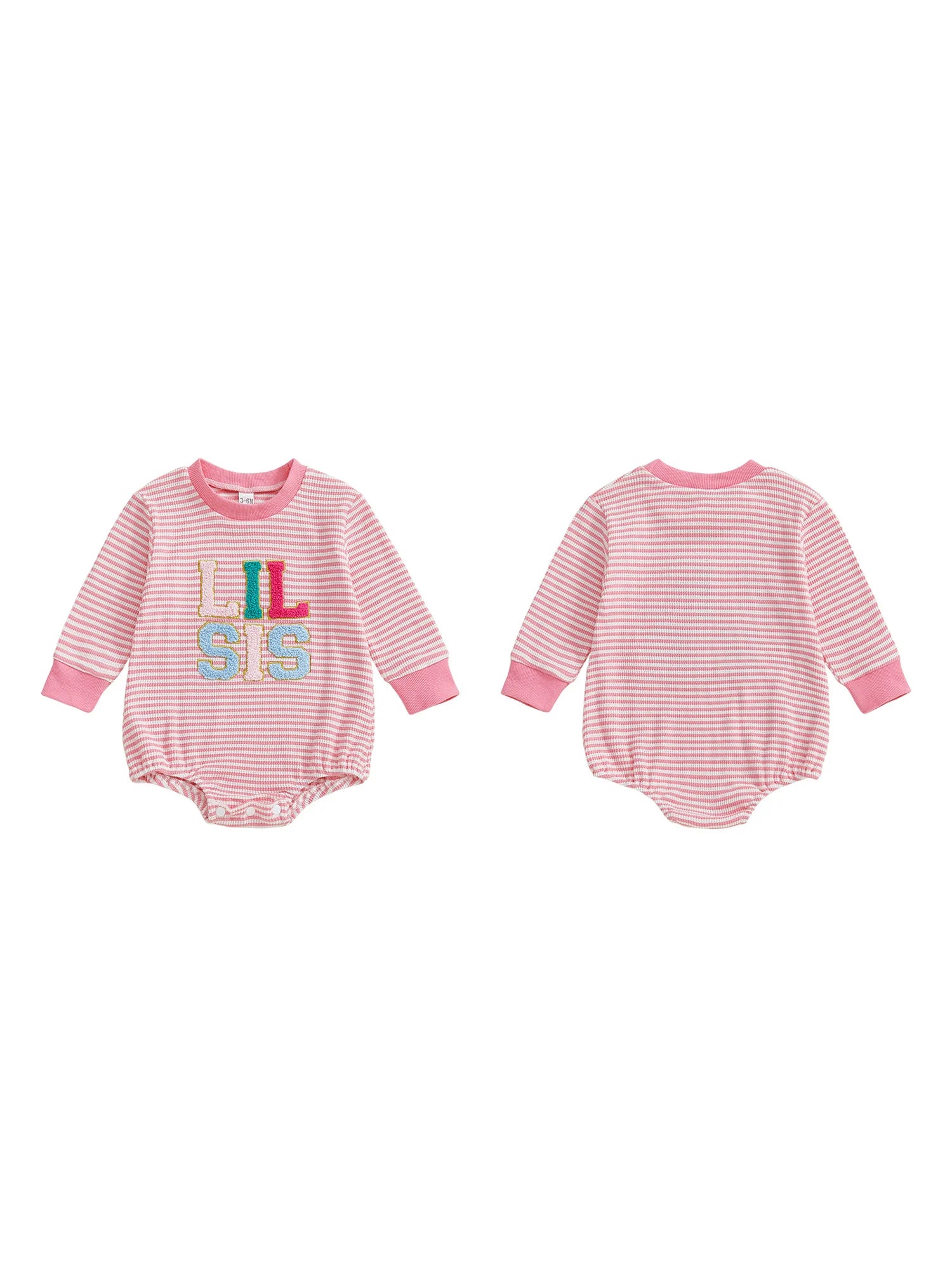 Infant Girls Jumpsuit Stylish Long Sleeve Crew Neck Romper with Embroidered Letters and Striped Design for Everyday Wear