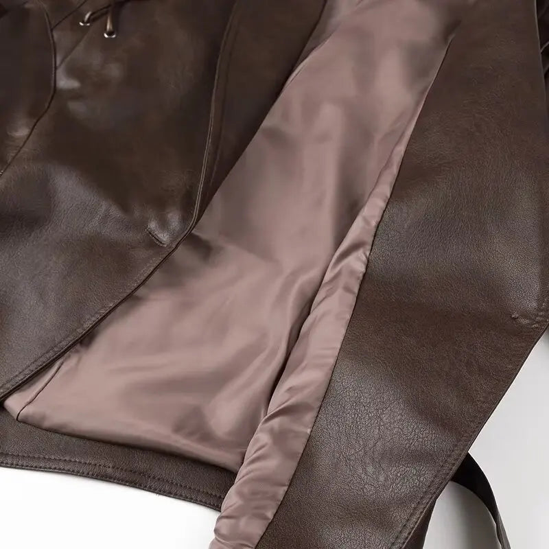 Mauroicardi Spring Autumn Short Retro Brown Pu Leather Jacket Women Sashes Lace Up Luxury Designer Emo Clothes European Fashion