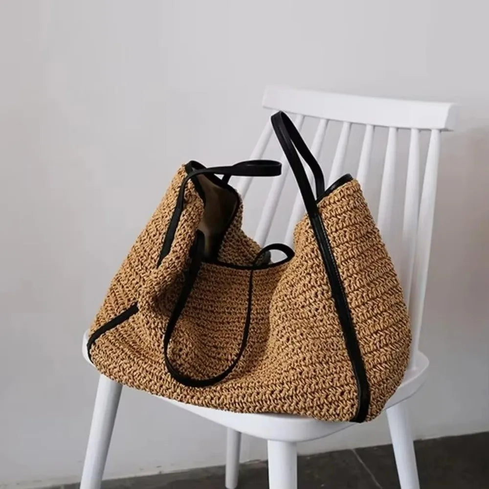 Fashion Vintage Straw Baskets Bag Straw Handmade Woven Beach Bag Korean Style Large Capacity Tote Bag Women Accessory