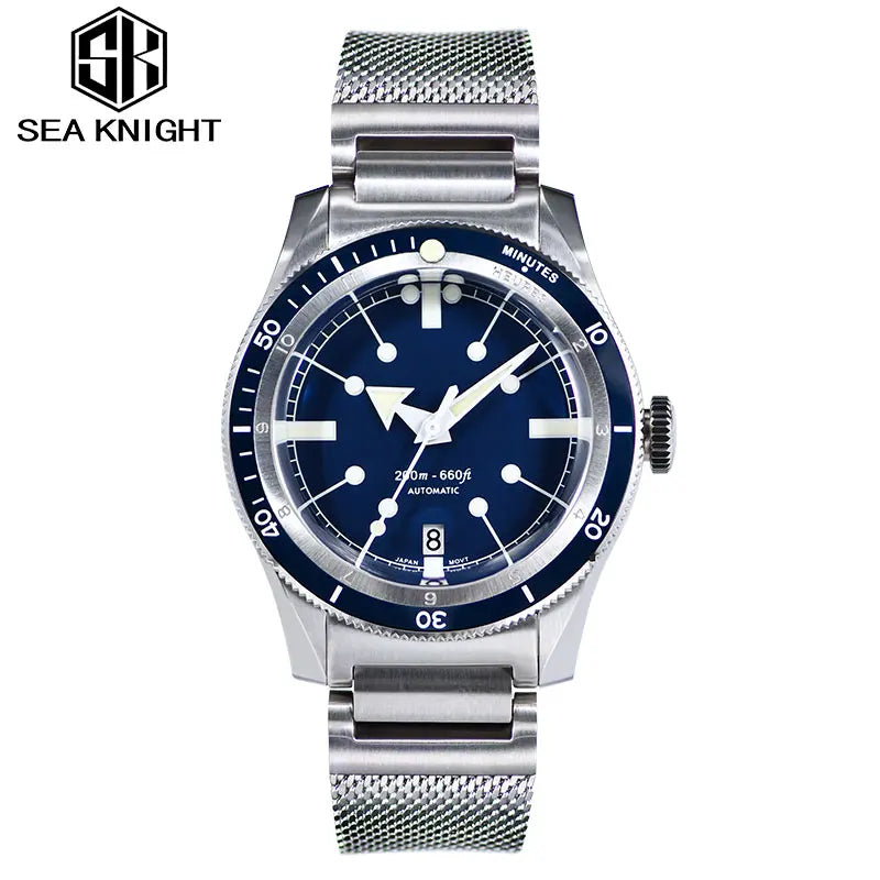SEA KNIGHT Men NH35A Automatic Watch 200M Waterproof C3 Luminous 316L Steel Mesh Belt Sapphire Crystal Mechanical Diving Watch