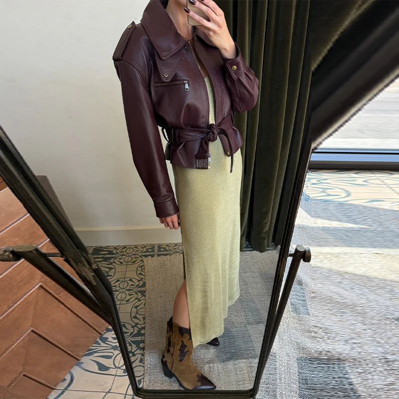 Vintage Fashion Elegant High Neck Leather Jacket 2025 New Exquisite Cinched Waist Short Coat High Street Faux Leather Clothes