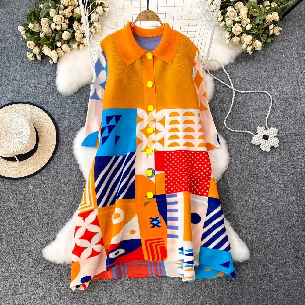 Miyake Pleated Drape Dress – Colorblock Print, 3/4 Sleeve