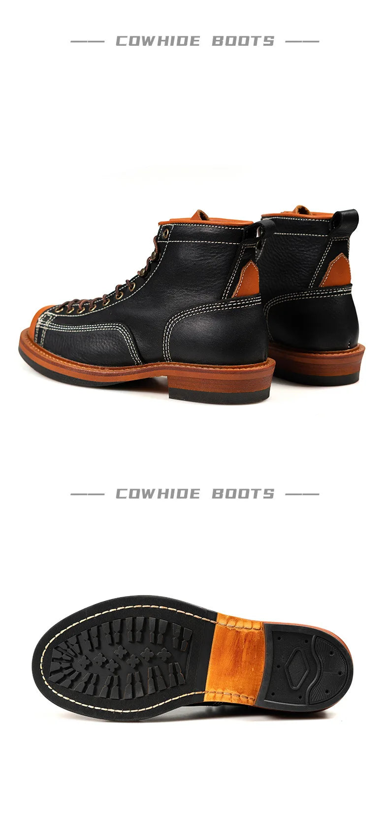 KOWM Hiking shoes men's cowhid boots British leather trekking shoes thick soled ankle sneakers cowhide high top motorcycle boots