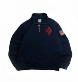 Y2K Navy Blue Quarter Zip Sweatshirt USA Embroidered American Flag Patch Jacket Men Women Vintage Streetwear Fashion Trend Top