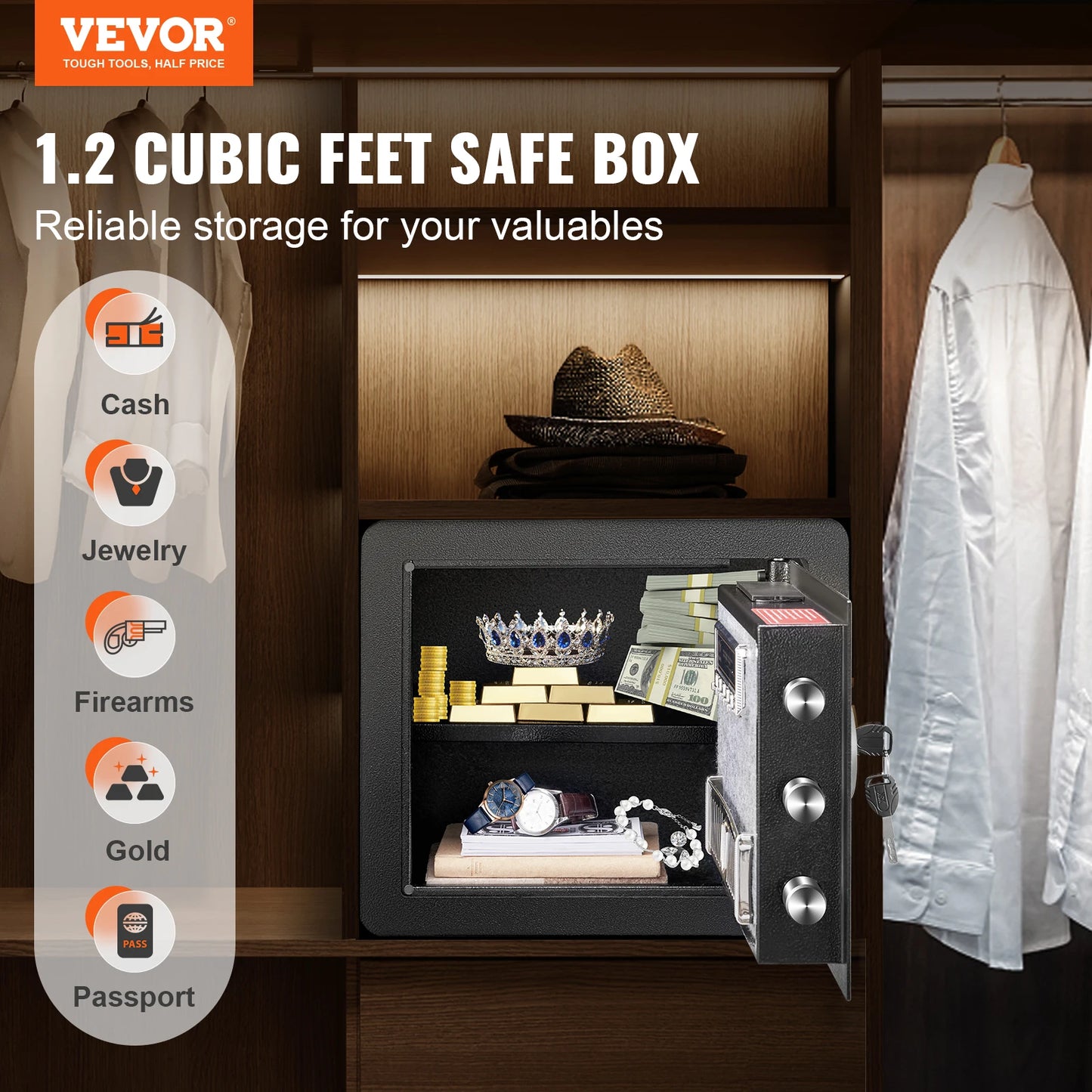 SucceBuy 1.2/0.5 Cubbic Fit Electronic Safe Deposit Safe Box W/ Digital Access & Override Keys for Money Gun Jewelry Document