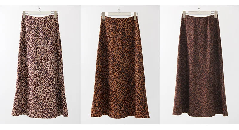 Leopard Print Suede Maxi Skirt – Women's Autumn Winter