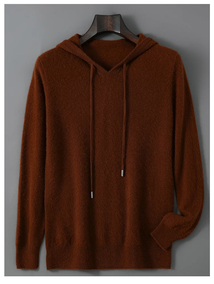 DjzDsm Autumn Winter Men's Sweater 100% Merino Wool Thick Hooded Pullover Soft Knitwear Casual Comfort Wool Clothing Tops