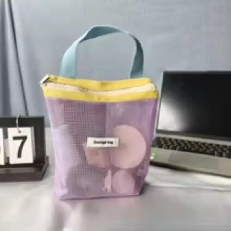 Homefish Foldable Mesh Cosmetic Bag Ins Style Bright Color Portable Women Summer Toiletry Storage Bag Beach Makeup Pouch
