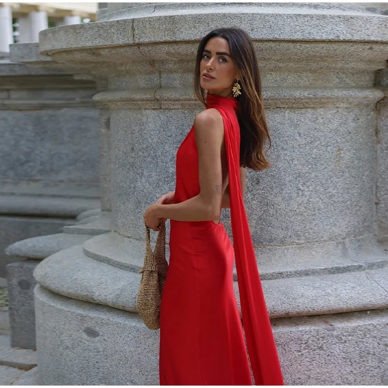 Elegant Ribbon Halter Maxi Dress