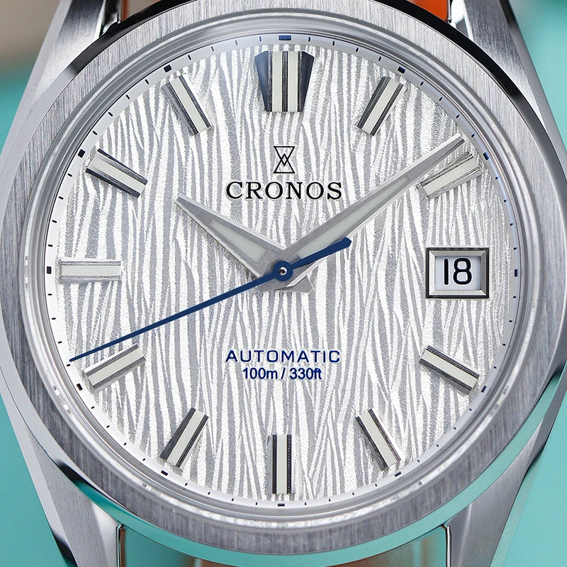 Cronos Men Watch 36mm Automatic PT5000 Miyota 9015 Movement Wristwatches White Dial Birch Pattern Sapphire 10 ATM L6048M