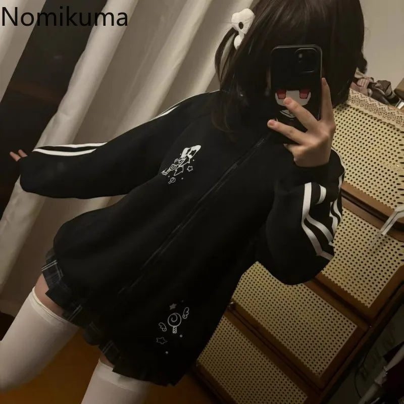 Women's Black Cotton Stand-Collar Zip-Up Jacket