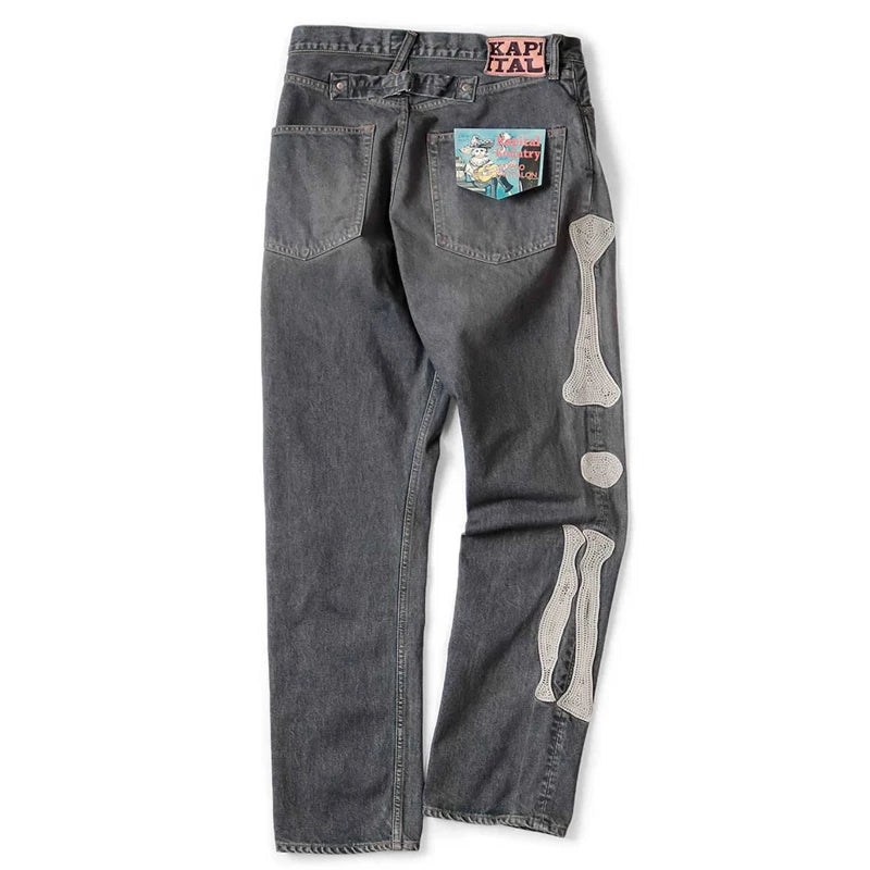 High Quality Japan KAPITAL Hirata Kazuhiro Bone Skeleton Embroidered Pattern Casual Jeans for Men