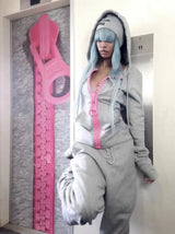 New Y2K American-style women's solid color large zipper loose cropped color-block hoodie fashionable street Harajuku style