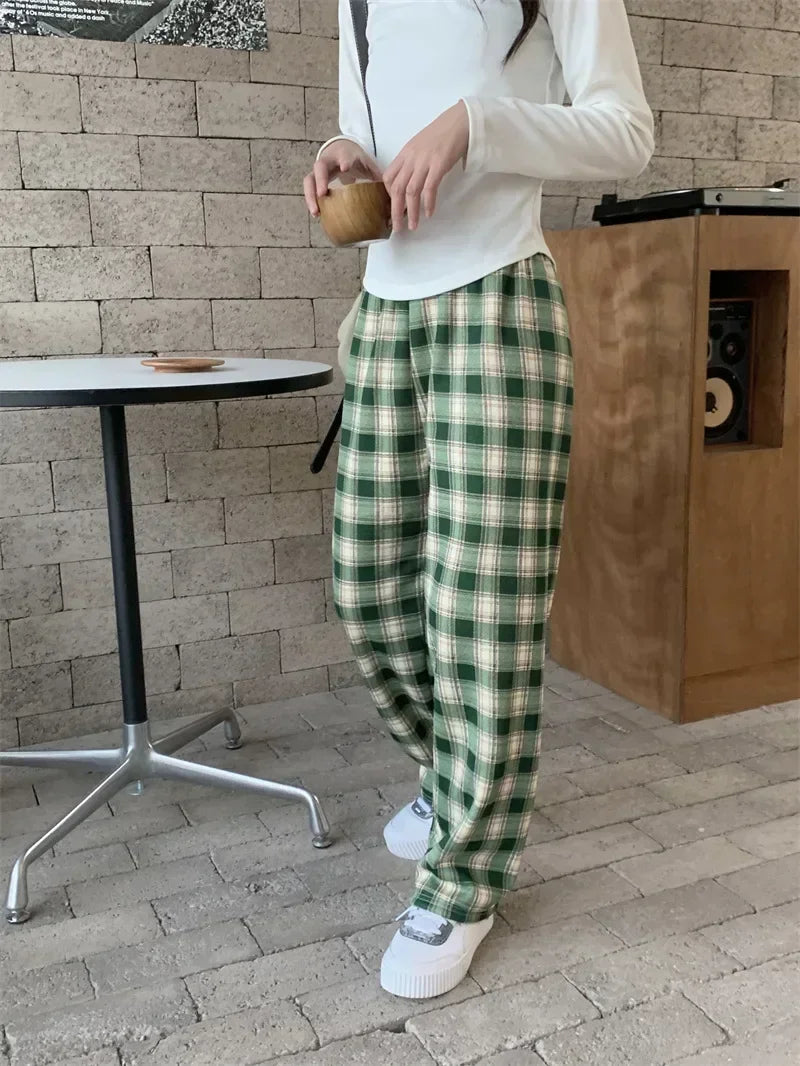 Plaid Plush Wide-Leg Trousers
