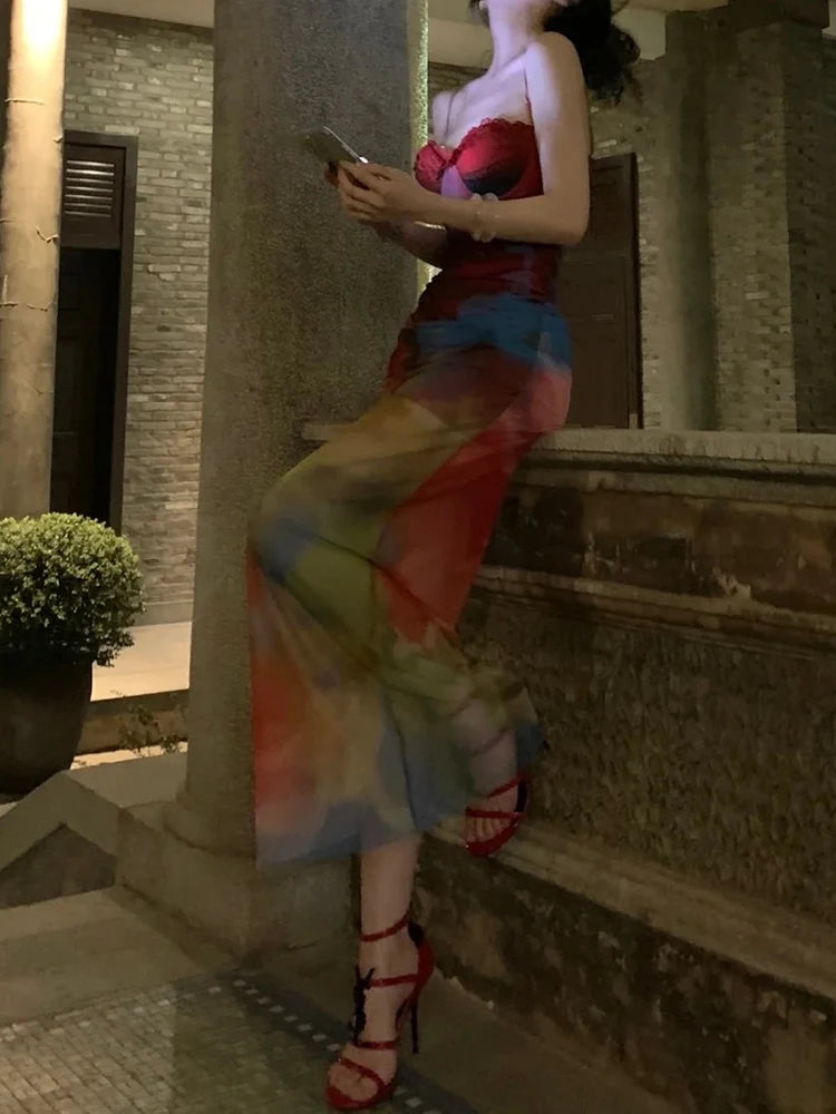 Colorful Lace Maxi Dress with Stretch Fit