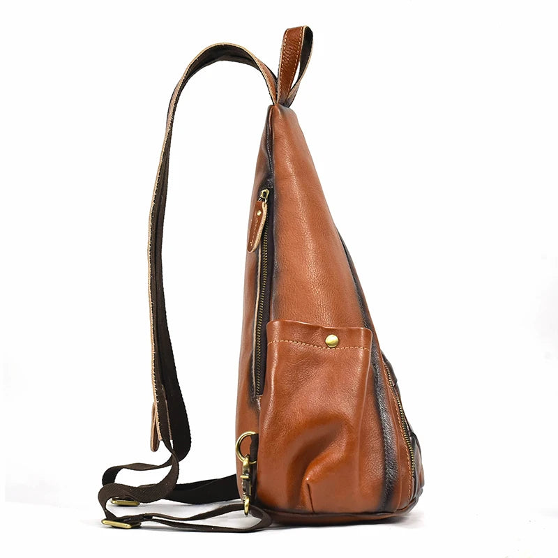 Single Shoulder Bagpack Genuine Leather Chest Bag Outdoor Riding Bag Chest Packs For Biker Men Male Sling Bags Cow Leather