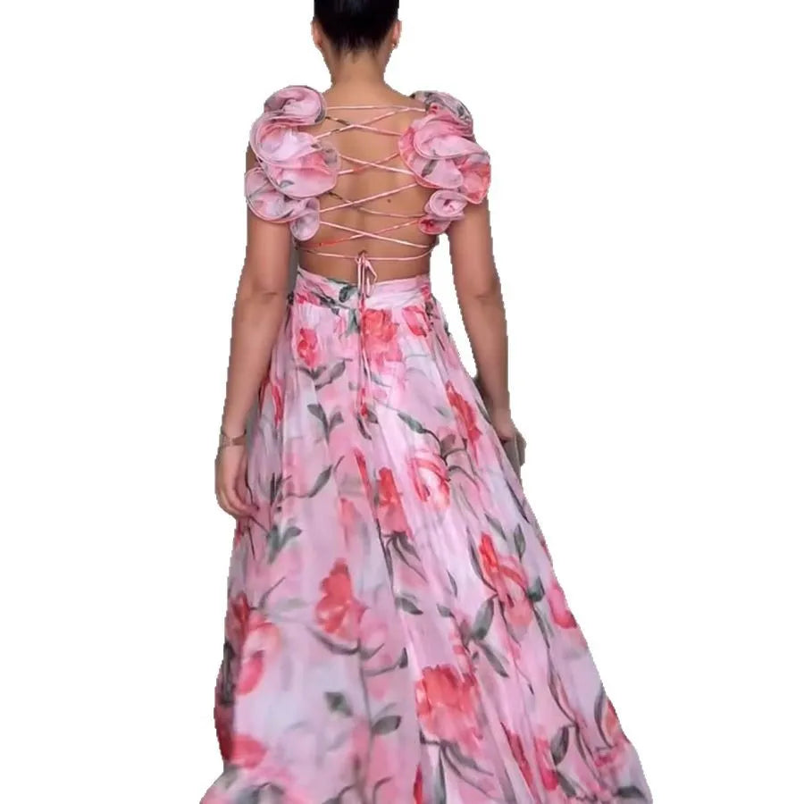 Elegant V-Neck Floral Silk-Laminate Maxi Dress – Summer 2025 Edition