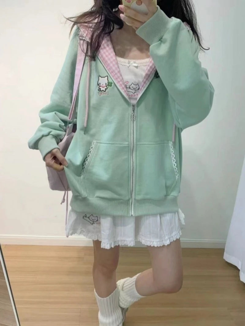 Women's Cat & Floral Print Zip-Up Hoodie