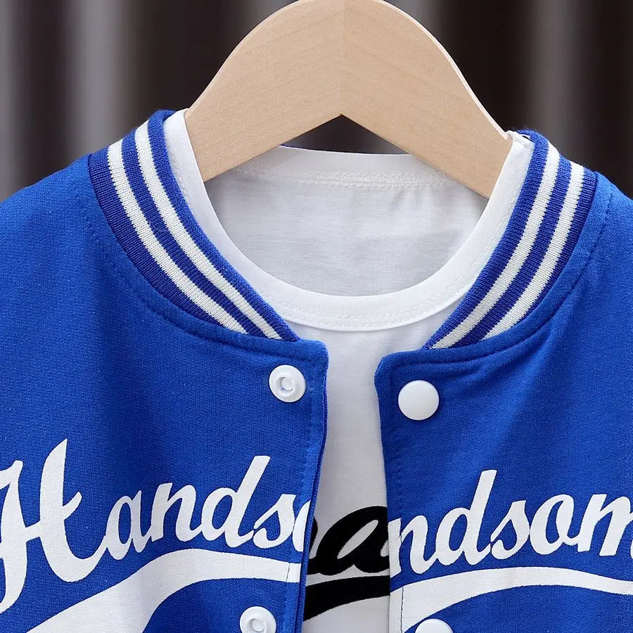 Boys' 3-Piece Autumn Letter Jacket & Striped Sweatpants Set