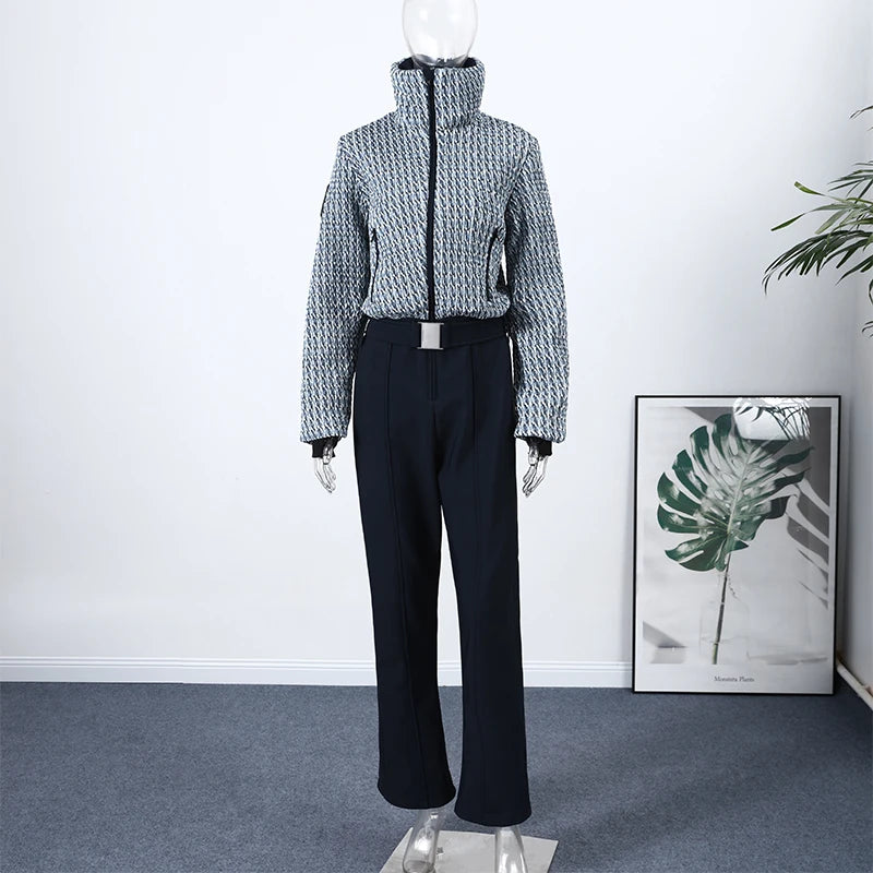 Elegant Geometric Print Ski Jumpsuit - High-Waist Winter Romper