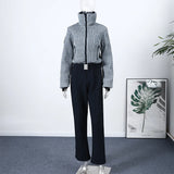Elegant Geometric Print Ski Jumpsuit - High-Waist Winter Romper