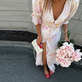 Print Chiffon Long Dress Women V Neck Half Sleeves High Waist Ruffles Belts Split Robe Female 2026 Summer Chic Vacation Dresses