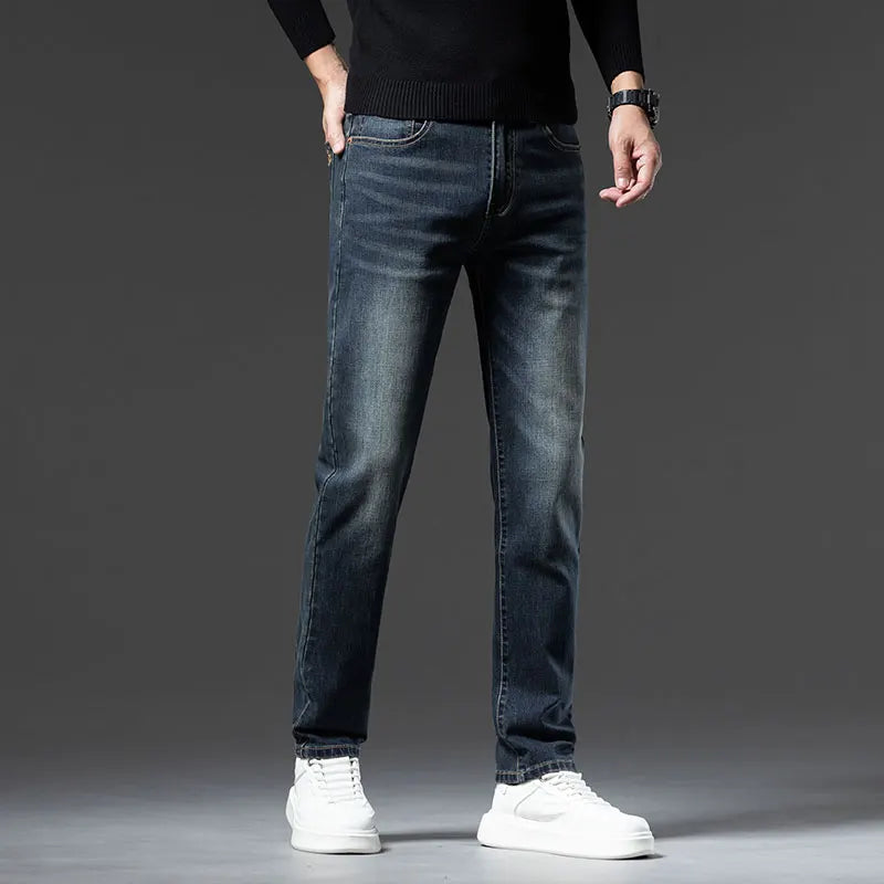 High Quality Brown Winter Jeans Men's Thickened Velvet Warm Elastic Straight Denim Pants Fashion Vintage Korean Plush Trousers