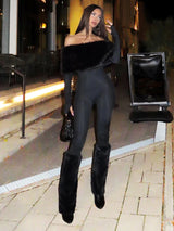 Winter Furry Patchwork Jumpsuit – Slash Neck Long Sleeve Slim Fit Streetwear