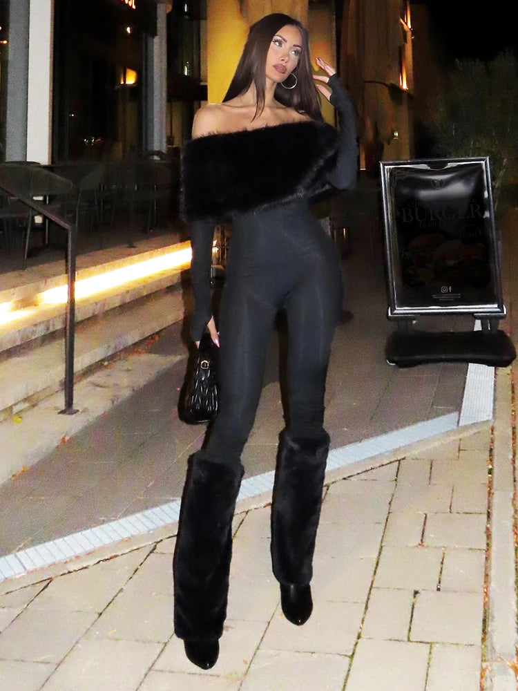 Winter Furry Patchwork Jumpsuit – Slash Neck Long Sleeve Slim Fit Streetwear