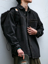 Mens High Quality Custom Weave Slub Deconstructed Patchwork Denim Shirt Trendy Distressed Wash Streetwear Casual Long Sleeve