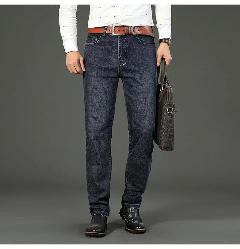Autumn Winter Men's Jeans Classic Retro Grey Denim Pants Man Work Slim Straight Stretch Cotton Trousers Streetwear Plus Size 40