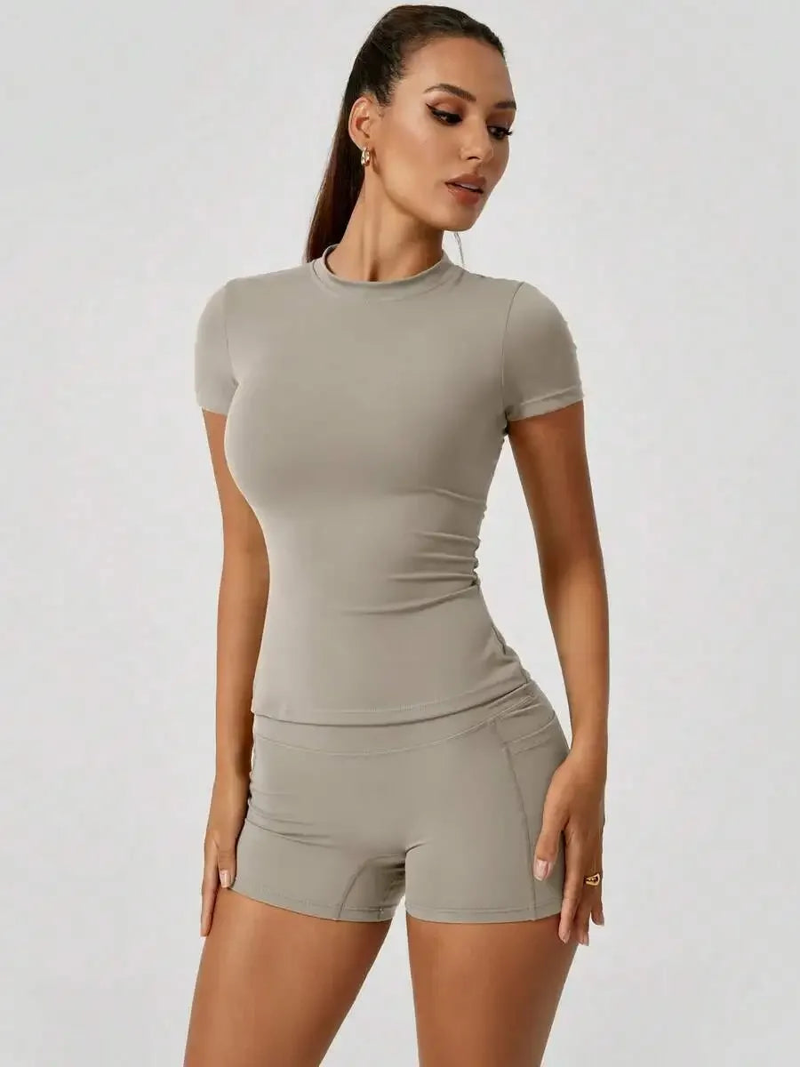 Women's Sculpting Sports Short Sleeve & High-Waist Shorts Set