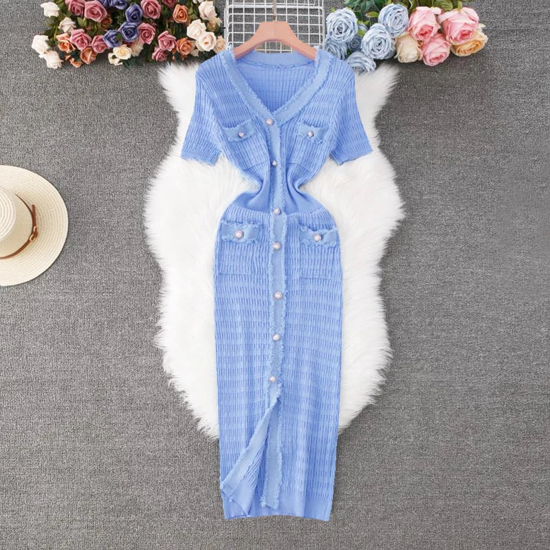 Elegant V-Neck Knitted Maxi Dress