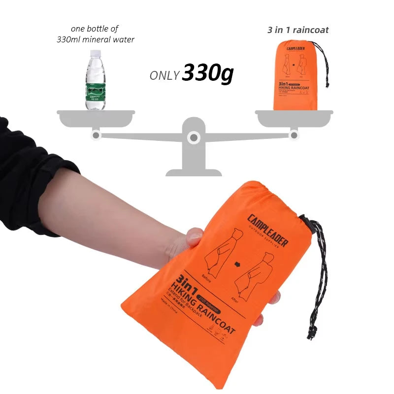 3-in-1 Waterproof Hooded Rain Poncho for Outdoor Adventures