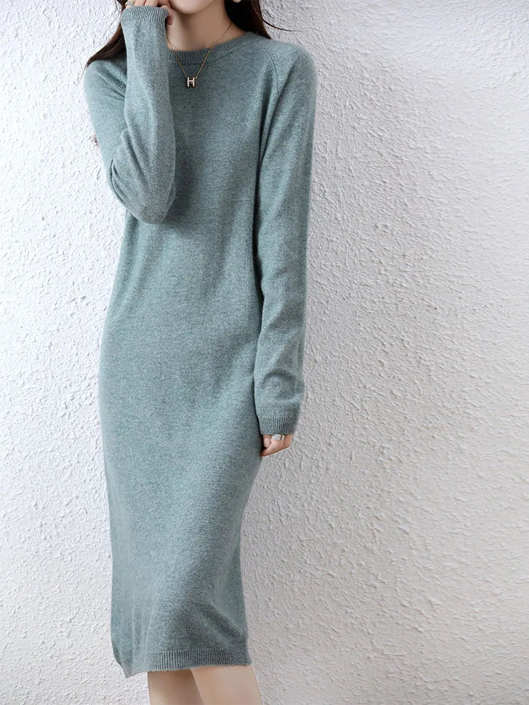 100% Merino Wool Long-Sleeve Midi Sweater Dress