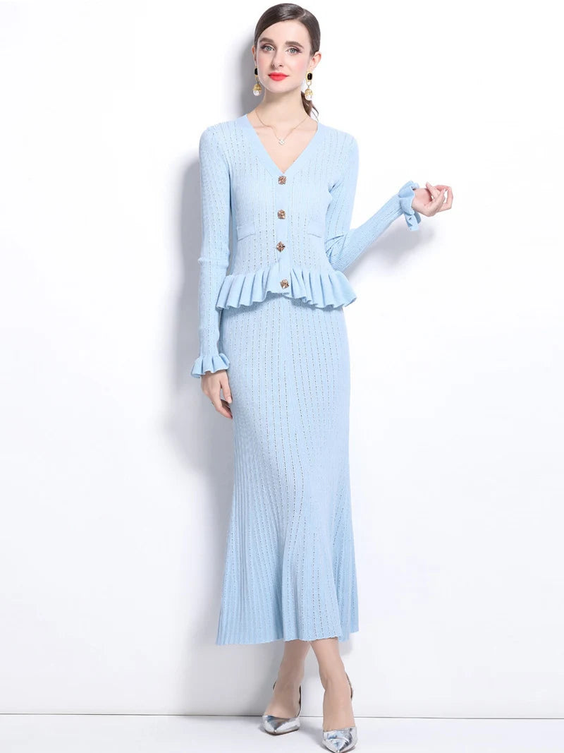 Elegant V-Neck Knit Mermaid Skirt Set