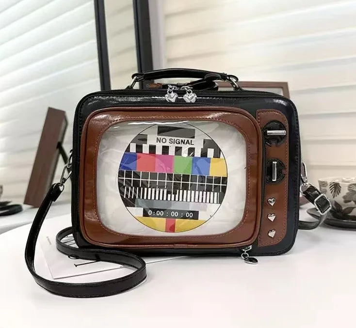Cartoon Cute Handbags for Women Funny Retro TV Transparent Square Bag Fashion Leather Personalized Creative Shoulder Bag Woman