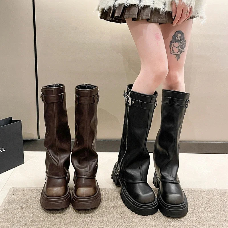 Women's Biker Boots – Belt Buckle Platform Mid-Calf