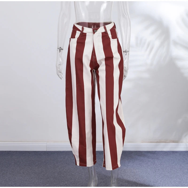 Street Striped Jeans Women's High-Waist Pockets Wide-Leg Trouser 2026 Spring Summer Retro Multicolor Vertical Stripe Denim Pant