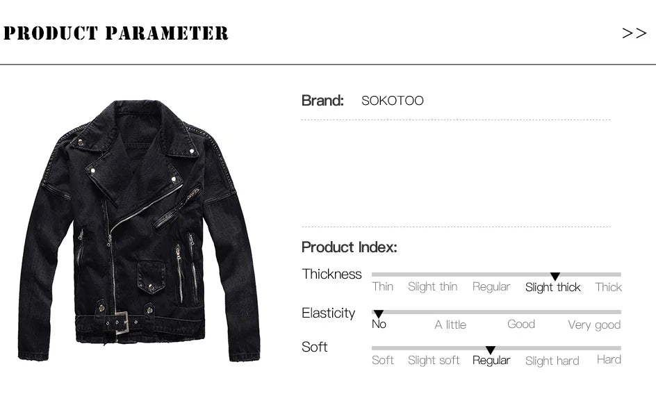 Men's Black Biker Slim Fit Denim Jacket with Belt - Streetwear Moto Style