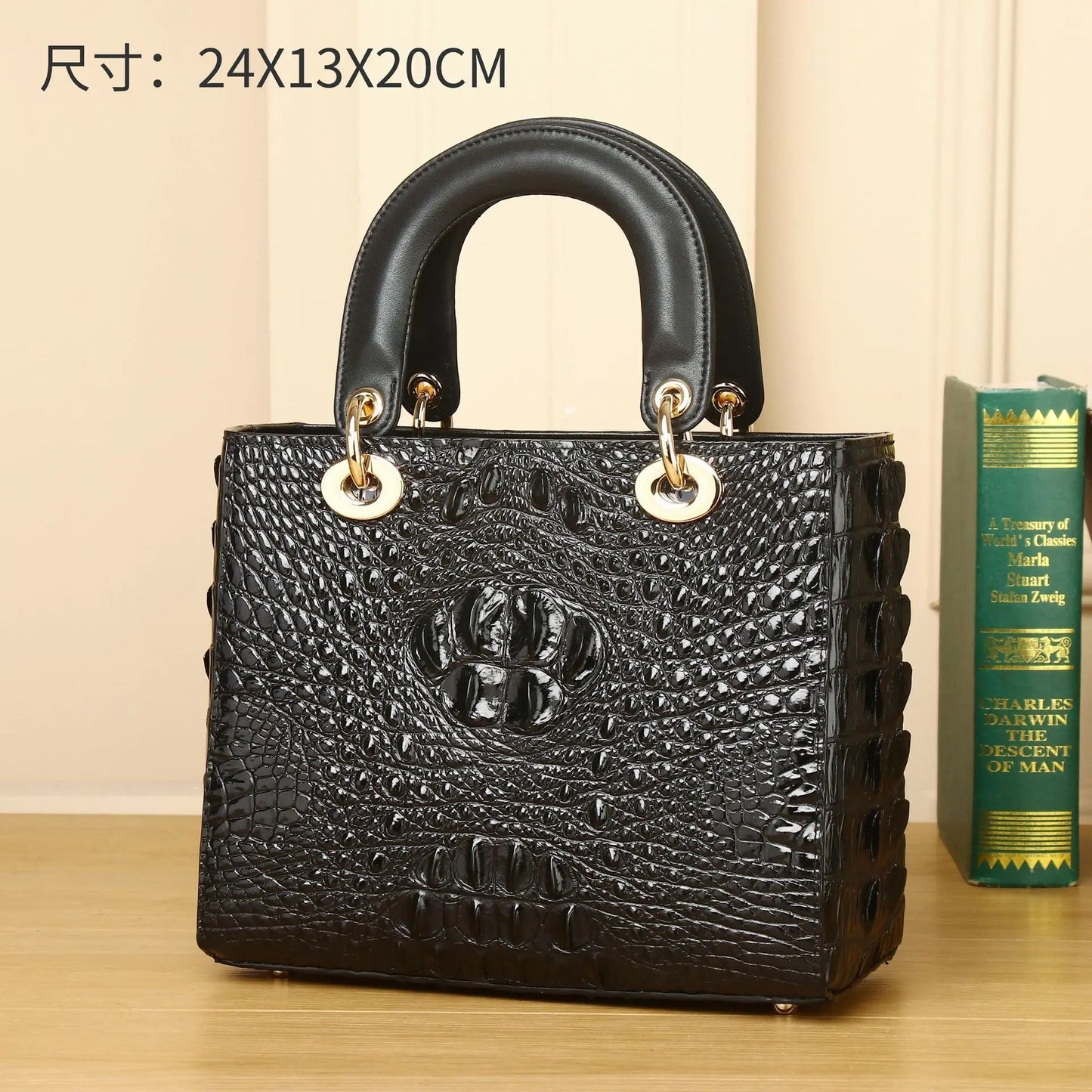 Crocodile-Embossed Genuine Leather Structured Handbag