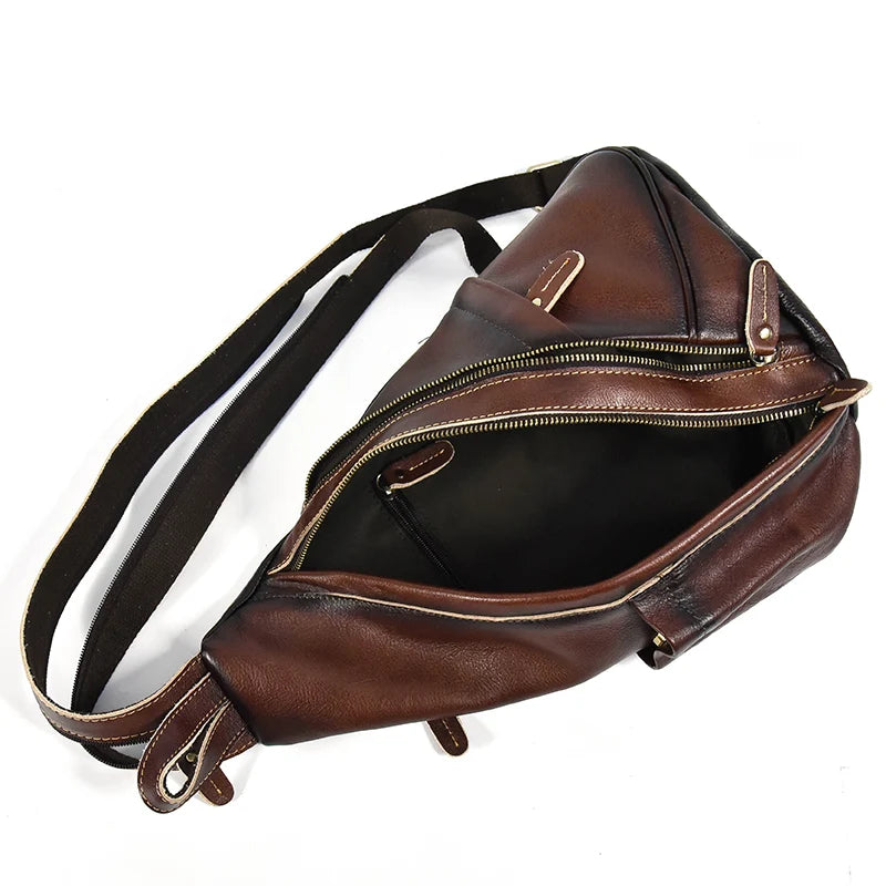Single Shoulder Bagpack Genuine Leather Chest Bag Outdoor Riding Bag Chest Packs For Biker Men Male Sling Bags Cow Leather