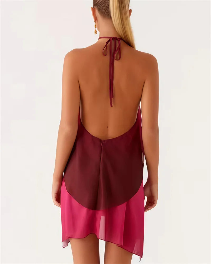Women's Gradient Halter Backless Mini Dress – Elegant Mesh Off-Shoulder Party Gown