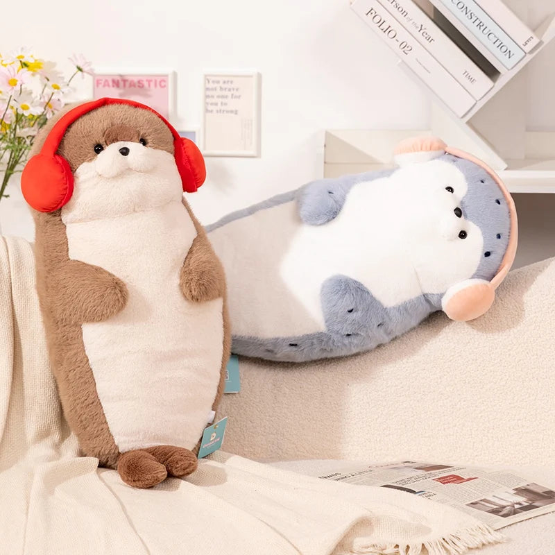 High Quality Cartoon Earphone Seal Sea Otter Plush Toy Ball Round Cushion Throw Pillow for Kids Birthday Gift School Nap Sleep