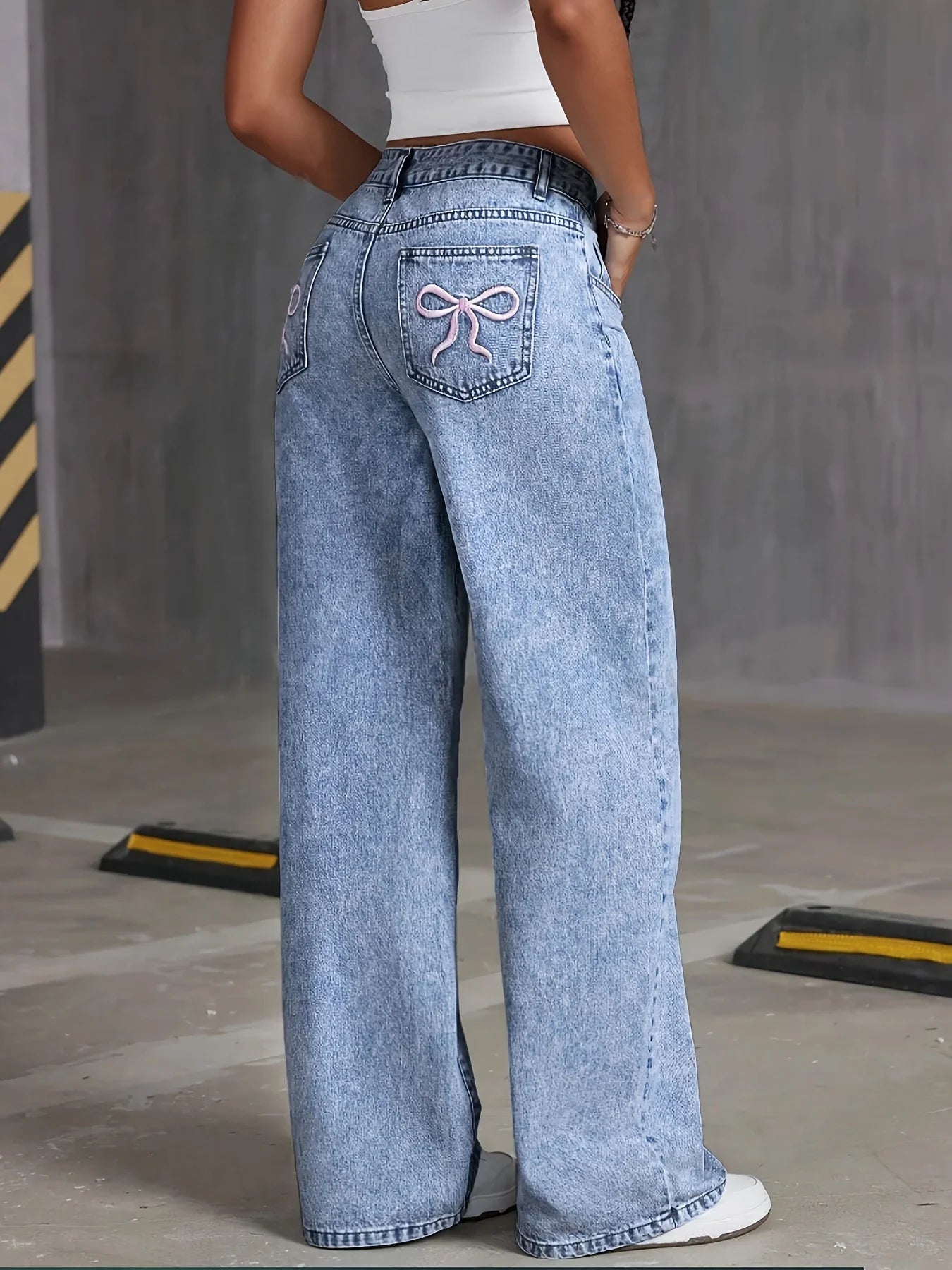 Women's Bow Embroidered Wide Leg Denim Trousers
